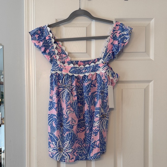 Lilly Pulitzer Tops - Lilly Pulitzer Pink and Blue Floral Ruffle Top